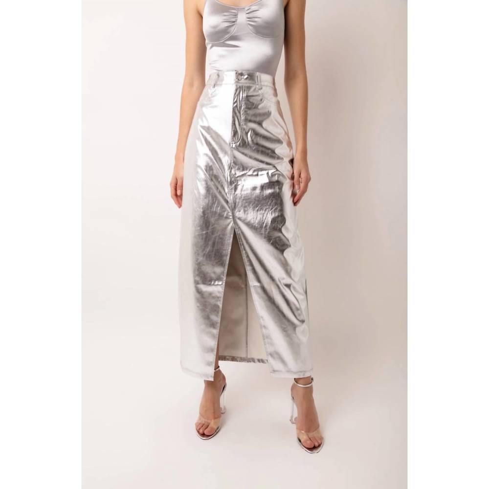 Lupe Metallic Silver Maxi Skirt with Front Slit